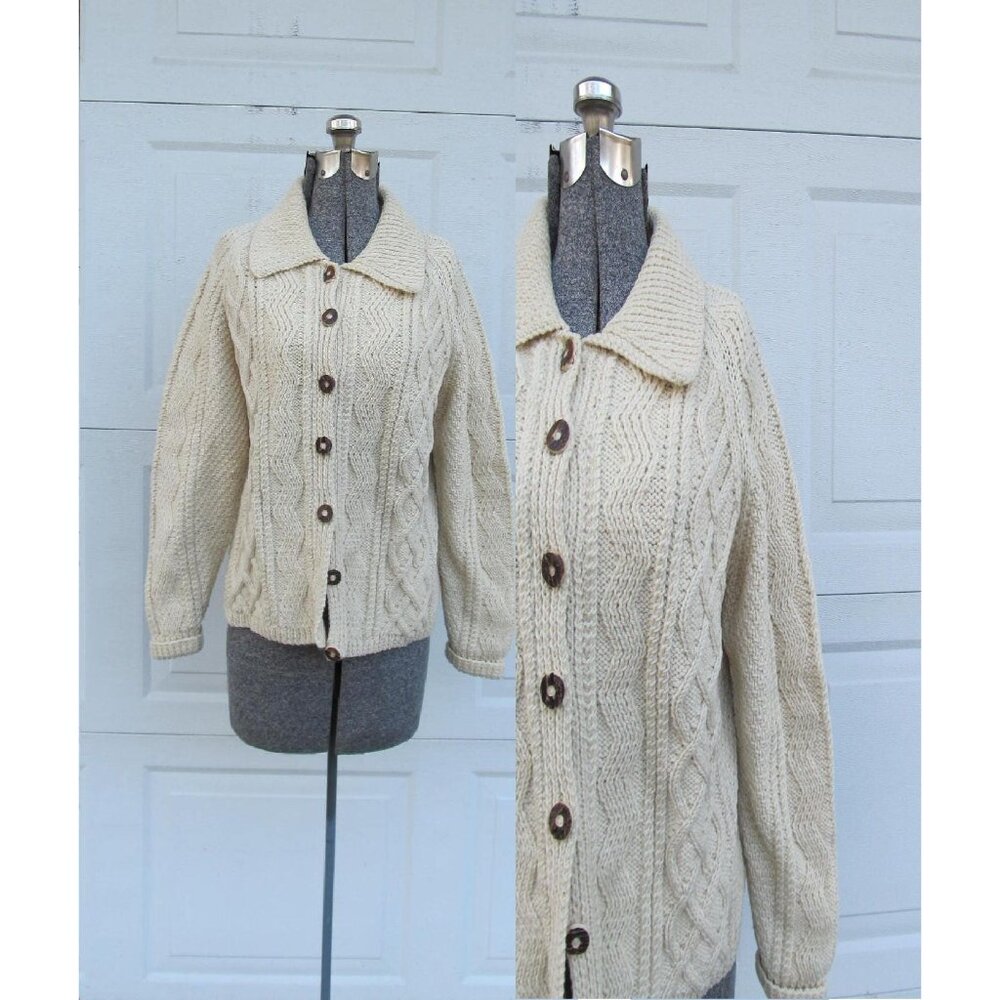 Vintage wool fisherman's sweater, cable chunky knit cardigan, wooden buttons, M